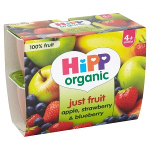 Hipp 4 Month Organic Just Fruit, Apple, Strawberry & Blueberry 4 x 100g